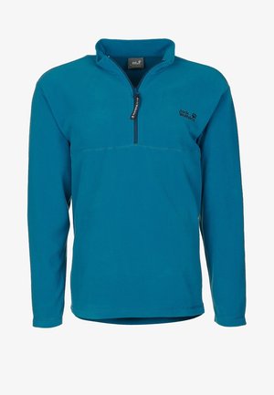 Polaire pour homme bleu sarcelle avec manches longues, demi-fermeture éclair au col et logo Jack Wolfskin sur la poitrine.