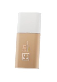 Beige foundationflaske med matte overflate og hvit hette. Har minimalistisk design, merket med "621" og "SPF 10" i klar trykk.