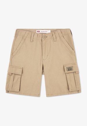 Béžové cargo kraťasy z bavlny. Vyznačují se dvojitými bočními kapsami, nákladními kapsami s klopou a štítkem na pasu.