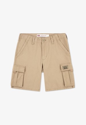Shorts cargo beige en coton. Comprennent des poches latérales doubles, des poches cargo à rabat et une étiquette sur la ceinture.