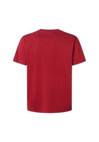 Camiseta de manga corta roja hecha de algodón. Diseño clásico de cuello redondo con una textura suave y parte trasera lisa, sin gráficos ni adornos.