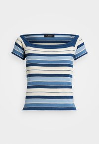 Blusa de manga corta a rayas con escote cuadrado, confeccionada en material suave en varias tonalidades de azul y rayas crema.