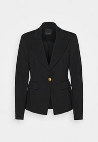 Černý přizpůsobený blazer s špičatými klopami, jedním zlatým knoflíkem, dvěma předními kapsami a strukturovanými rameny. Hladká textilie.