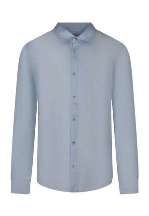 Chemise bleu clair à manches longues avec col, patte de boutonnage avant avec boutons, et poignets boutonnés.
