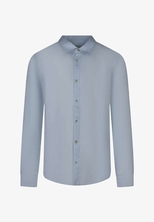 Chemise bleu clair à manches longues avec col, patte de boutonnage avant avec boutons, et poignets boutonnés.