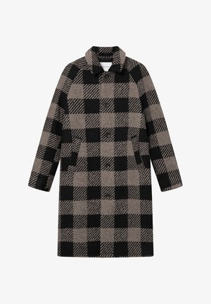 Wool coat featuring a black and beige checkered pattern, with a collared neckline, button closure, and side pockets.
