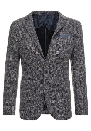 Grijze tweed herenjasje met enkele knoop, inkeping revers, twee voorzakken met klep en een donker patroon binnenvoering.