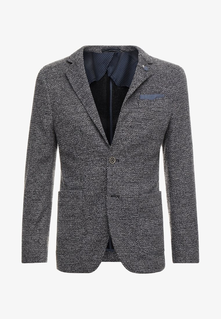 Blazer pour homme gris en tweed à un bouton, avec revers crantés, deux poches plaquées à l'avant et une doublure intérieure sombre à motifs.