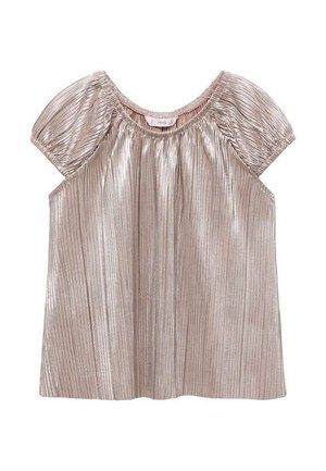 Blouse plissée à manches courtes en or rose métallique avec encolure élastique et manches bouffantes, texture de tissu lisse et brillante.