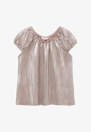 Bluzka z metalicznym, różowo-złotym odcieniem, krótkim rękawem, plisowana, z elastycznym dekoltem i bufiastymi rękawami, o gładkiej i błyszczącej fakturze tkaniny.