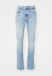 Ljust blå denimjeans med rak passform, fem fickor, knappstängning och diskret blekning vid låren och fållen.