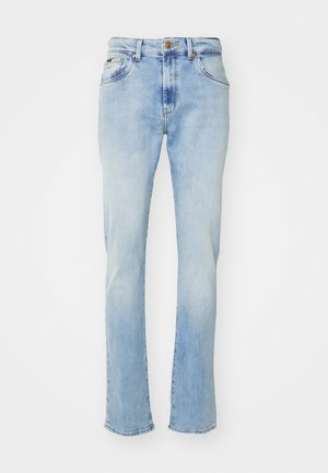 Jasnoniebieskie dżinsy o prostym kroju z pięcioma kieszeniami, z zapięciem na guzik i subtelnym przetarciem na udach oraz u dołu nogawek.