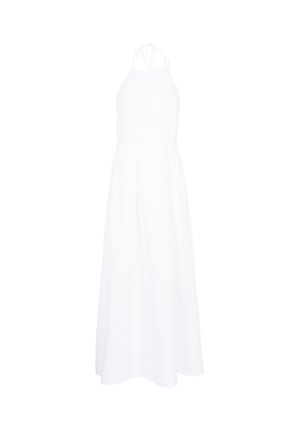 Abito lungo bianco a trapezio realizzato in tessuto leggero. Presenta un corpetto aderente e una gonna fluida con una chiusura a lacci intorno al collo.