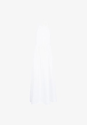 Witte halter maxi-jurk gemaakt van lichtgewicht stof. Heeft een fitted lijfje en een vloeiende rok met een striksluiting bij de hals.
