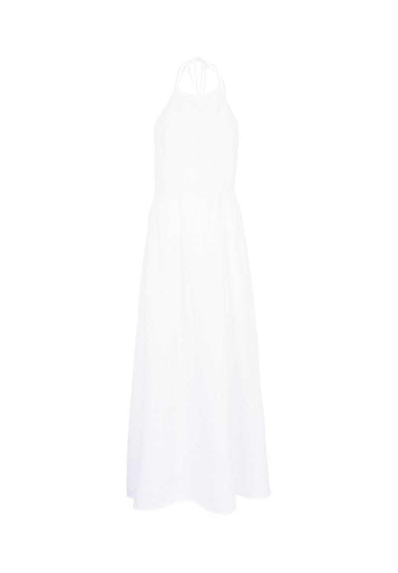 Abito lungo bianco a trapezio realizzato in tessuto leggero. Presenta un corpetto aderente e una gonna fluida con una chiusura a lacci intorno al collo.