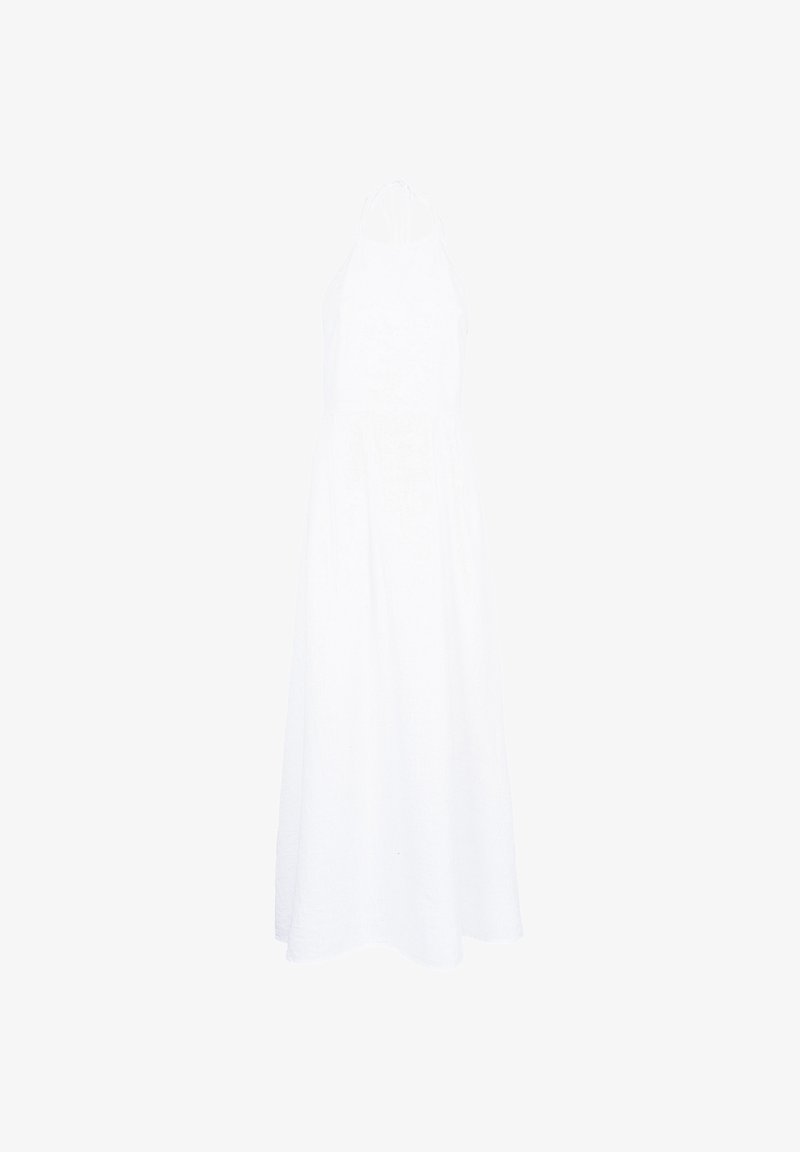 Abito lungo bianco a trapezio realizzato in tessuto leggero. Presenta un corpetto aderente e una gonna fluida con una chiusura a lacci intorno al collo.