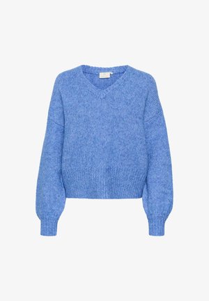 Modra pletena pulover s V-izrezom, dolgimi balonastimi rokavi in ribanim robom. Tekstura je videti mehka in puhasta z ohlapnim krojem.