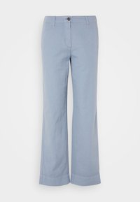 Light blue linen trousers with a straight leg, button closure, and turn-up hem. Smooth texture, designed for casual wear.