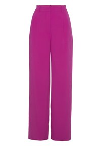 Hoch taillierte, weit geschnittene Hosen aus leuchtendem Fuchsia-Stoff mit vorderen Falten und glatter Textur. Keine sichtbaren Taschen oder Verzierungen.