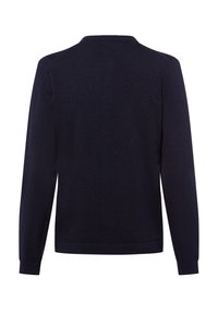 Granatowy sweter, długie rękawy, okrągły dekolt, ściągacze na mankietach i u dołu, wykonany z miękkiego materiału dzianinowego o gładkiej fakturze.