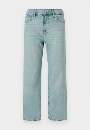 Jeans de corte ancho en azul claro, confeccionados en denim, con un diseño clásico de cinco bolsillos, líneas limpias y una cinturilla regular con cierre de botón.