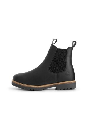 Bottine Chelsea en cuir noir avec panneau élastique sur les joues, languettes à l'avant et à l'arrière, couture beige et semelle robuste.