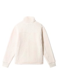 Sudadera de forro polar en color crema claro, con un cuello alto, puños de canalé y una superficie suave y texturizada. Presenta un detalle de costura en la parte posterior.