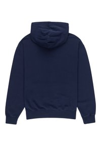 Felpa con cappuccio blu navy, caratterizzata da una texture liscia, polsini e orlo a coste. La parte posteriore è liscia senza ulteriori elementi di design.