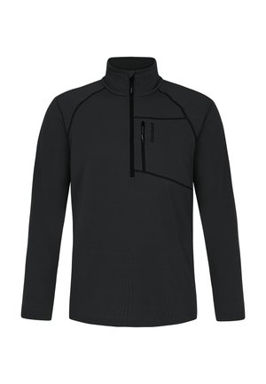 Sort langærmet pullover med høj krave, kvart-lynlås foran og en lynlåslomme på brystet. Teksturområde med kontrasterende syninger.