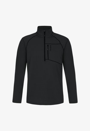 Sort langærmet pullover med høj krave, kvart-lynlås foran og en lynlåslomme på brystet. Teksturområde med kontrasterende syninger.