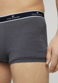 Muške bokserice u tamnoplavoj boji sivoj prugama, s mekanim pojasom s logotipom "TOM TAILOR". Tkanina je glatka s blagim rastezajem.