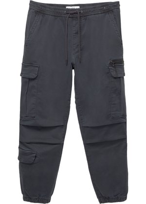 Pantaloni cargo gri cu talie elastică, şnur de ajustare, multiple buzunare şi manşete tapered. Realizați dintr-un material ușor, cu o textură netedă.