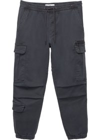 Pantaloni cargo gri cărbune, confecționați dintr-un material ușor, având un talie elastică, șnur și mai multe buzunare, inclusiv detalii cu fermoar.