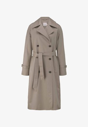Beiger, zweireihiger Trenchcoat mit weitem Kragen, Taillengürtel, geknöpften Manschetten und Seitentaschen.