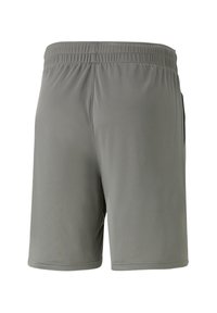 Graue Sportshorts mit einem elastischen Bund, einer glatten Textur, einer lockeren Passform und seitlichen Taschen.