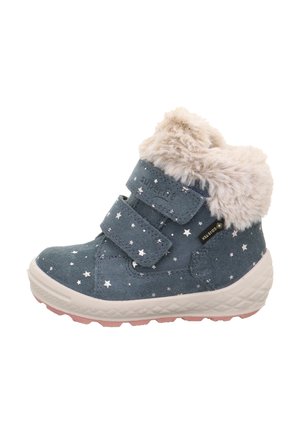 Blaue Wildlederstiefel mit einem flauschigen cremfarbenen Kragen, Sternmustern, zwei Klettverschlüssen und einer strukturierten weißen Gummisohle. Designed für Wärme und Komfort.