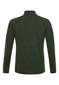 Dunkelgrüner Langarmpullover mit hohem Kragen, strukturiertem Stoff und Raglanärmeln. Verfügt über kontrastierende Nähte entlang der Nähte.