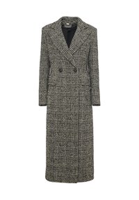 Cappotto doppiopetto in misto lana con motivo houndstooth bianco e nero, dotato di colletto a punta, maniche lunghe e tasche laterali.