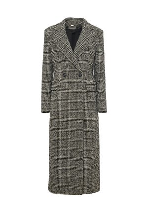 Cappotto doppiopetto in misto lana con motivo houndstooth bianco e nero, dotato di colletto a punta, maniche lunghe e tasche laterali.