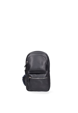 Petit sac bandoulière en cuir noir avec deux compartiments zippés, sangle réglable en tissu bleu, sur fond blanc.