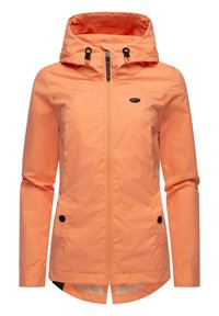 Leichte, orange wasserfeste Jacke mit Kapuze, Reißverschluss, zwei Seitentaschen und verstellbaren Kordeln. Glatte Textur und sportlicher Schnitt.