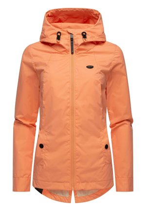 Lightweight, orange waterproof jacket with a hood, zip closure, two side pockets, and adjustable drawstrings. Smooth texture and a sporty cut.