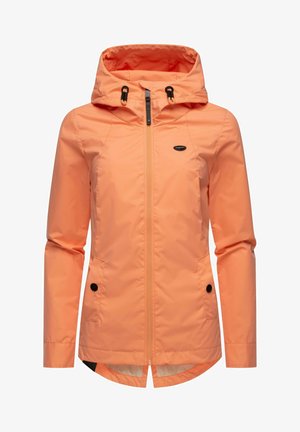 Lätt, orange vattentät jacka med huva, dragkedjestängning, två sidofickor och justerbara dragsnören. Slät textur och sportig passform.