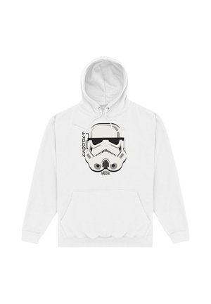 Biała bluza z kapturem z czarną i szarą grafiką hełmu Stormtroopera oraz napisem „Andor” na piersi.