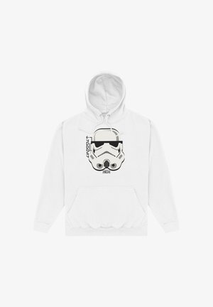 Hvid hættetrøje med sort og grå grafik af en Stormtrooper-hjelm og teksten "Andor" på brystet.