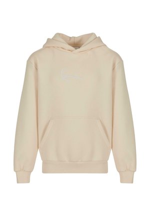 Sweat à capuche beige avec une poche kangourou à l’avant et un texte brodé blanc discret centré sur la poitrine.