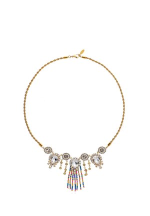 Gold twisted chain necklace with large clear teardrop stones, small round crystals, hanging gold beads, and colorful beaded tassels.