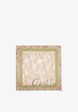 Bufanda cuadrada beige con borde verde oliva claro, decorada con formas abstractas y la palabra "Anekke" en fuente cursiva.