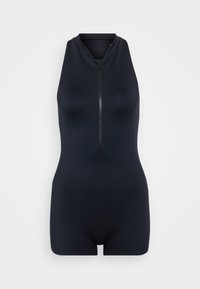 Marinblå ärmlös bodysuit i stretchmaterial, med hög krage och dragkedja fram, samt en figurnära design.