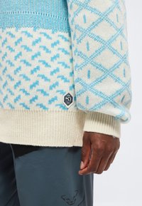 Gros plan d'une personne portant un pull en maille crème et bleu à motifs avec un poignet côtelé et un pantalon foncé, montrant sa main droite détendue sur le côté.